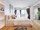 Modern bedroom with hardwood floor and natural lighting