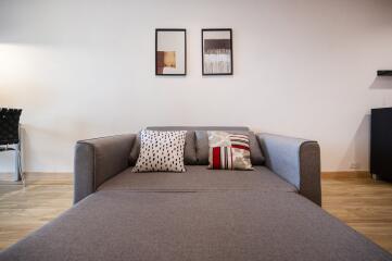 Living room with a gray sofa and decorative pillows