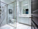 Modern bathroom with marble walls and glass shower