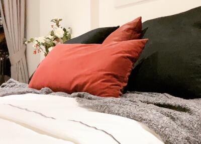 Cozy bedroom with decorative pillows and blankets