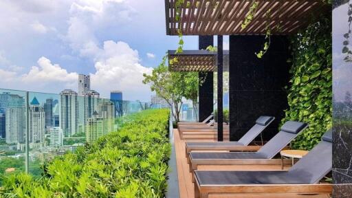 Rooftop lounge area with city view