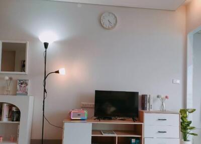 Living room with modern decor including a TV stand, bookshelf, and floor lamp