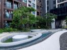 Modern apartment complex courtyard