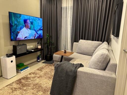 Modern living room with a gray sofa and a large TV