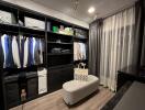 Well-organized walk-in closet with clothes and accessories