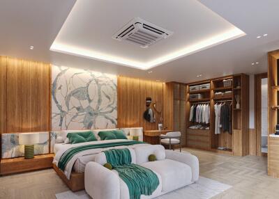 Modern bedroom with wooden accents and green decor