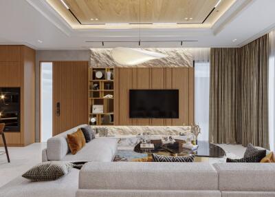 Modern living room with cozy seating and entertainment setup