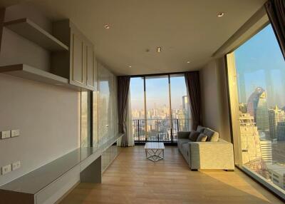 modern living room with large windows and city view