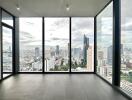 Living room with large windows and city view