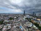 Aerial view of a city with high-rise buildings and cloudy sky