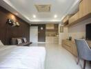 Modern bedroom with wooden furniture and white tiles