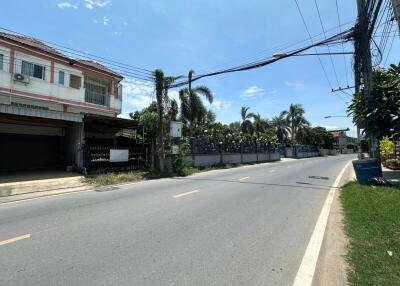 Street view of a residential area with houses and palm trees