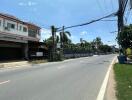 Street view of a residential area with houses and palm trees