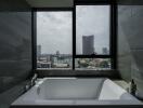 Modern bathroom with a city view