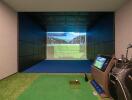 Indoor room featuring a golf simulator with screen projection and equipment