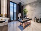 Luxury spa room with marble decor and city view