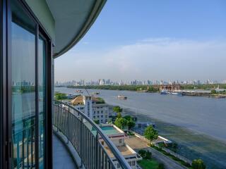 Balcony with river view and city skyline