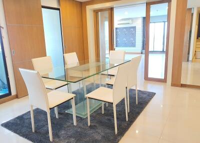 Modern dining room with glass table and white chairs