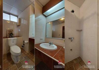 Bathroom with toilet, sink, mirror, and shower area