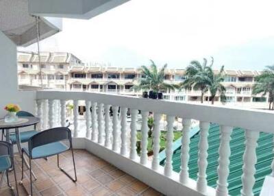 A spacious balcony with a scenic view