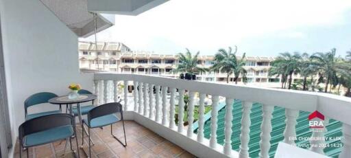 A spacious balcony with a scenic view