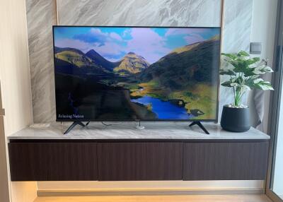 Modern living room with wall-mounted TV and potted plant