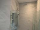 Modern bathroom shower with glass doors and overhead shower head