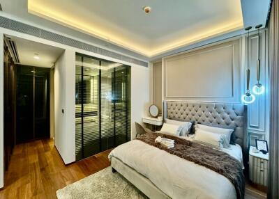 Modern bedroom with stylish decor and ensuite bathroom