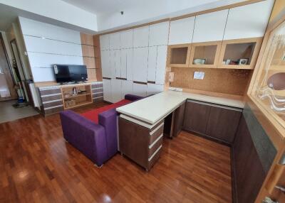 Modern living room with wooden flooring, built-in storage, and TV area