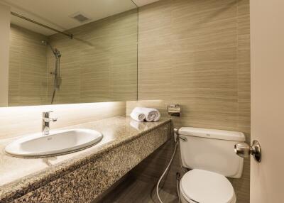 Modern bathroom with granite countertop and wall-mounted mirror