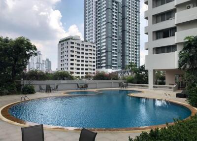 Swimming pool with surrounding high-rise buildings