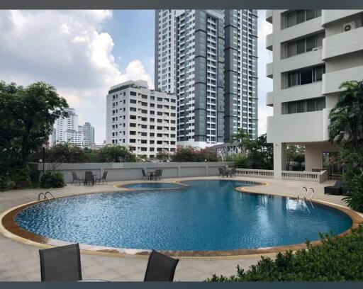 Swimming pool with surrounding high-rise buildings