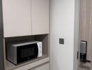 Compact kitchen corner with microwave in modern cabinetry