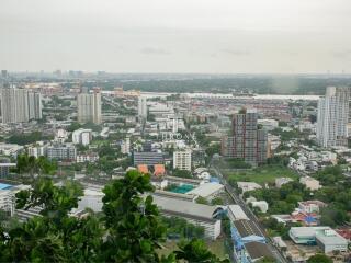 City skyline view with lush greenery in the foreground