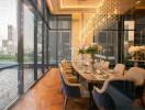 Elegant dining room with large floor-to-ceiling windows