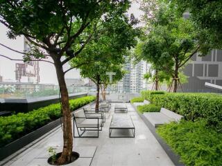 Rooftop garden with seating area in a residential building