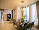 Elegant dining room with a modern chandelier and large windows