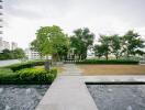 Rooftop garden with pathway and water features