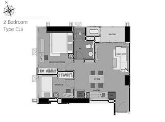 Floor plan of a 2-bedroom apartment layout