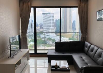 Modern living room with a city view