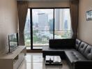 Modern living room with a city view