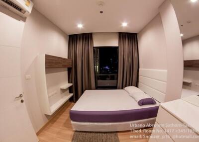 Modern bedroom with bed and night view