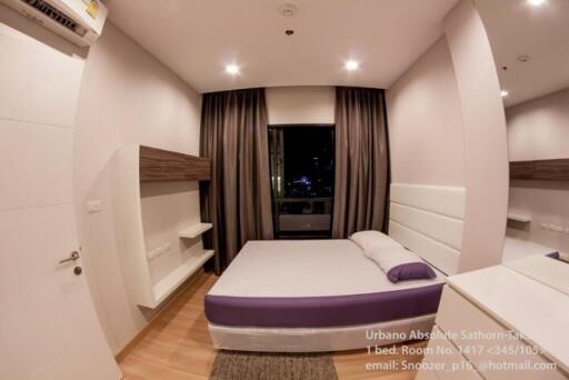 Modern bedroom with bed and night view