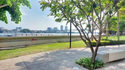 View of a riverside outdoor area with green landscaping and city skyline