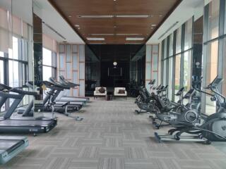 Modern equipped gym with exercise machines and large windows