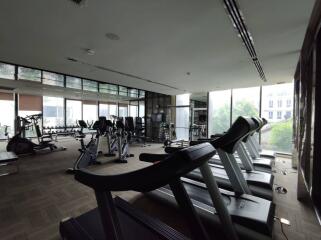 Home gym with various exercise equipment and natural lighting