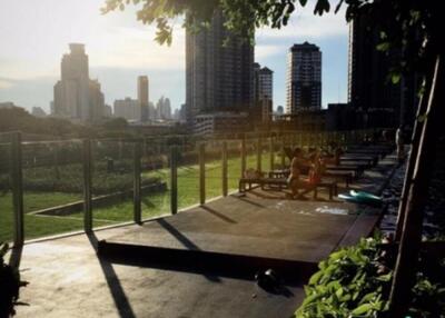 City skyline view from outdoor space with greenery