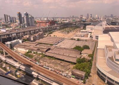 city skyline with buildings and transportation infrastructure