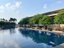 Outdoor swimming pool with surrounding lounge area and greenery