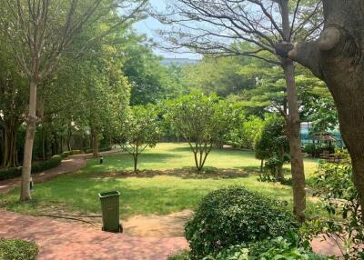 Large garden area with trees and a walking path